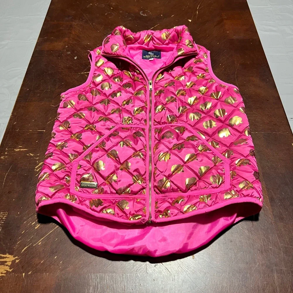 Simply Southern Womens Hot Pink Gold Elephant Quilted Puffer Vest Size Medium